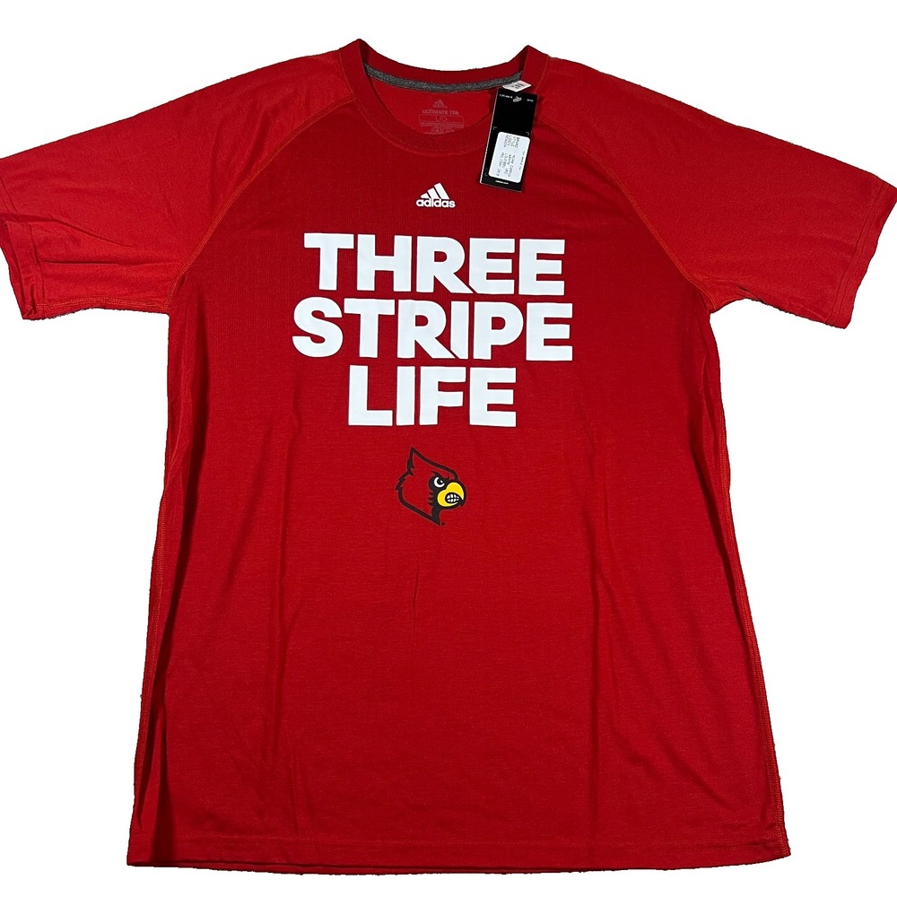 Adidas Mens L Red NCAA Louisville Cardinals Three Stripe Life Ultimate Tee‎ NWT